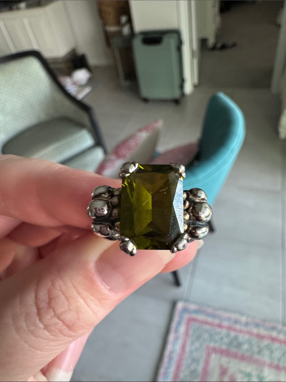 Statement Silver Ring with Large Olive-Green Rectangular Stone
